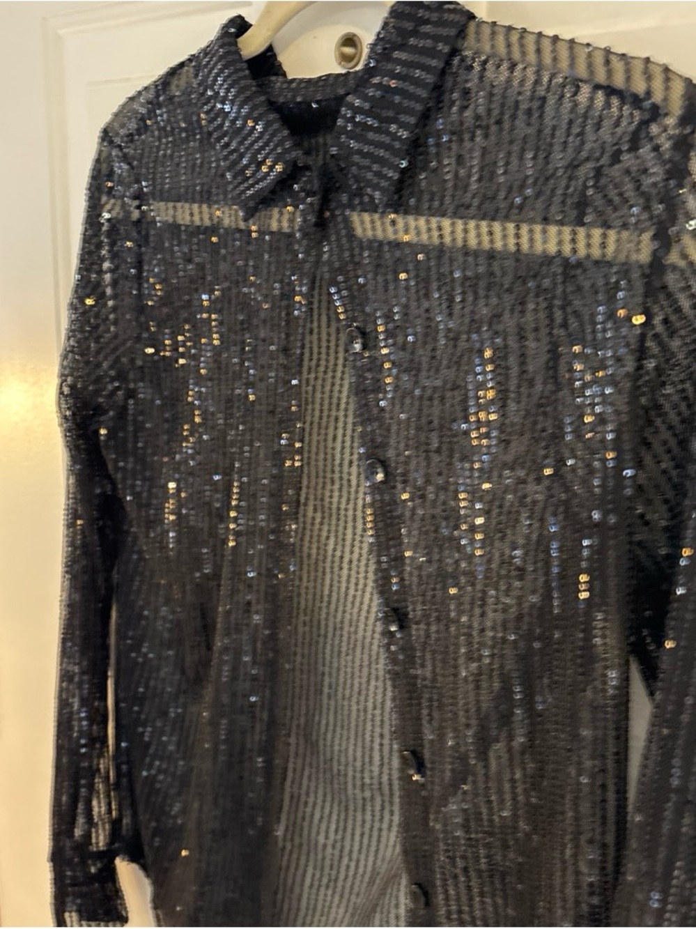 Black Sequin Button-Front Blouse